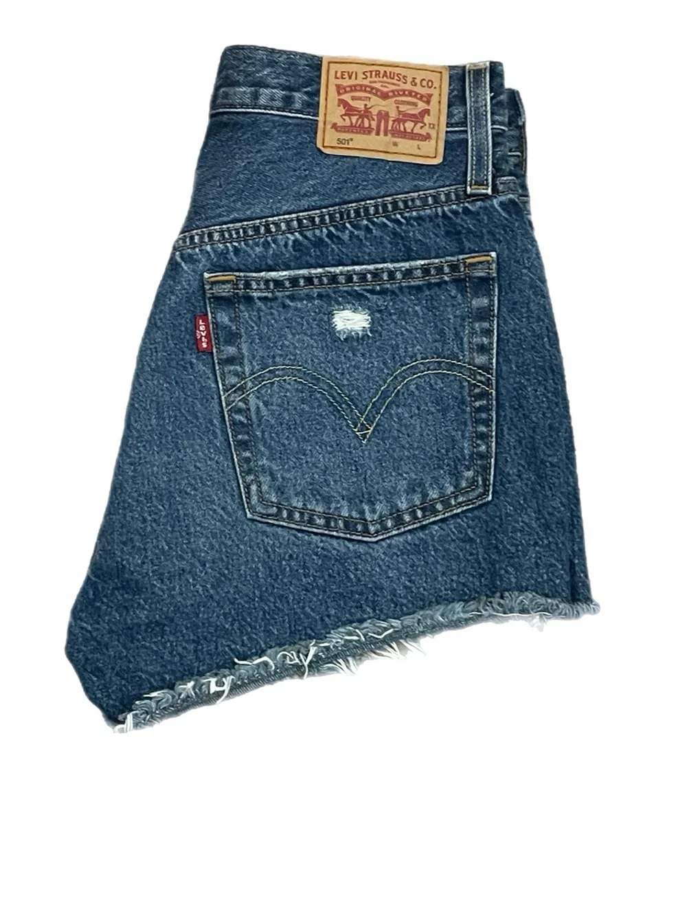 Women’s Levi's 501 Distressed Denim Jean Shorts W26 Ripped Frayed Hem Blue